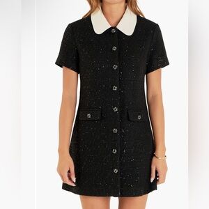 English Factory Sequin Black Tweed Mini Dress with White Collar
